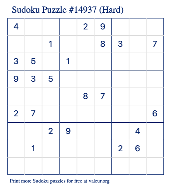 Free Printable Hard Sudoku Puzzle number 14937