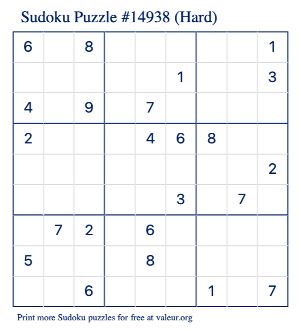Free Printable Hard Sudoku Puzzle number 14938