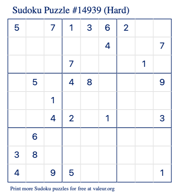 Free Printable Hard Sudoku Puzzle number 14939