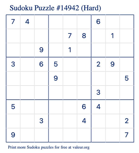 Free Printable Hard Sudoku Puzzle number 14942