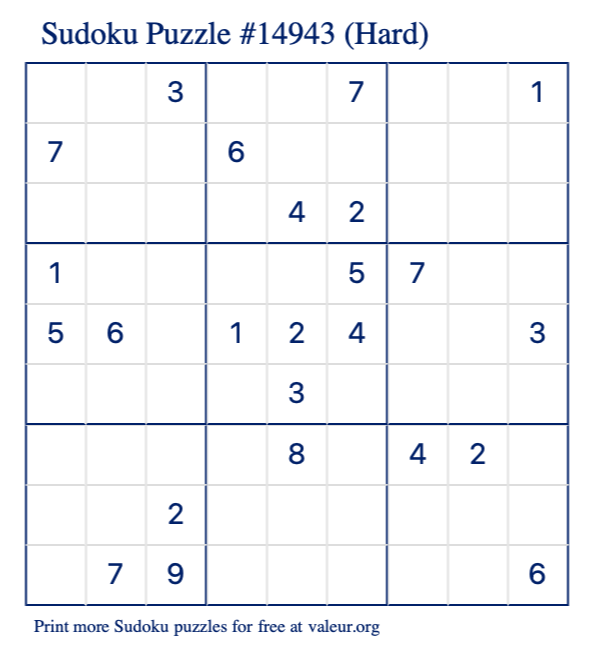 Free Printable Hard Sudoku Puzzle number 14943