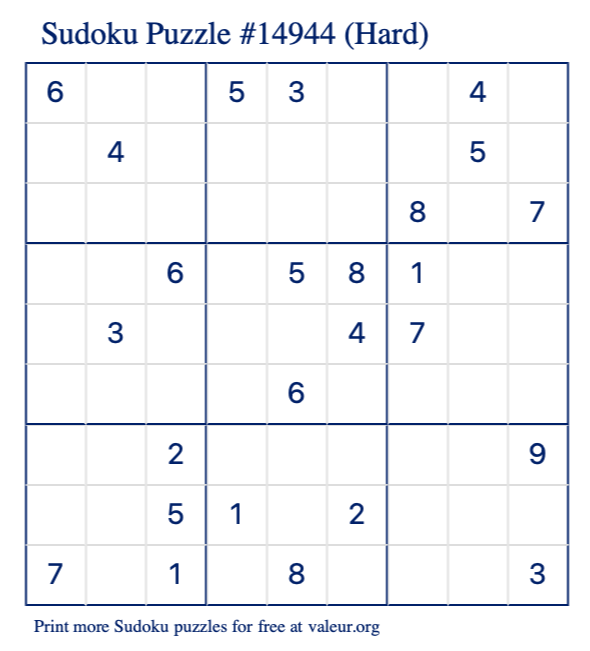 Free Printable Hard Sudoku Puzzle number 14944