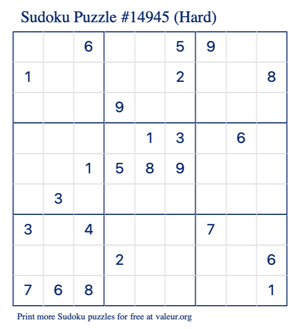 Free Printable Hard Sudoku Puzzle number 14945