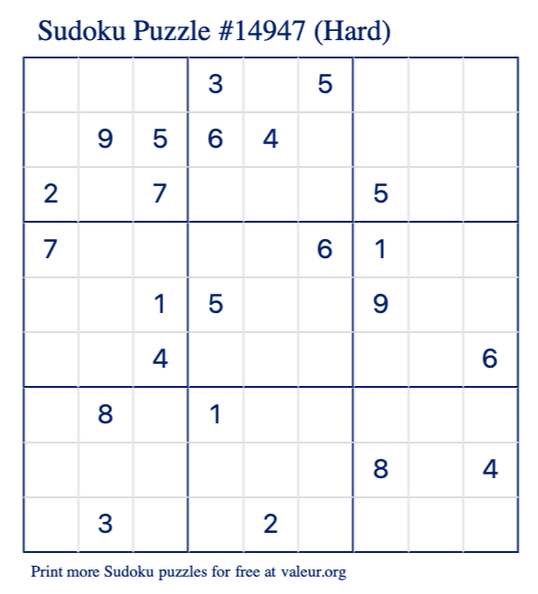 Free Printable Hard Sudoku Puzzle number 14947