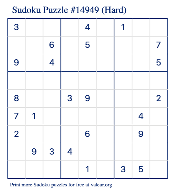 Free Printable Hard Sudoku Puzzle number 14949