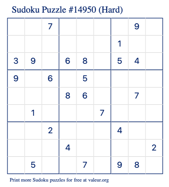 Free Printable Hard Sudoku Puzzle number 14950
