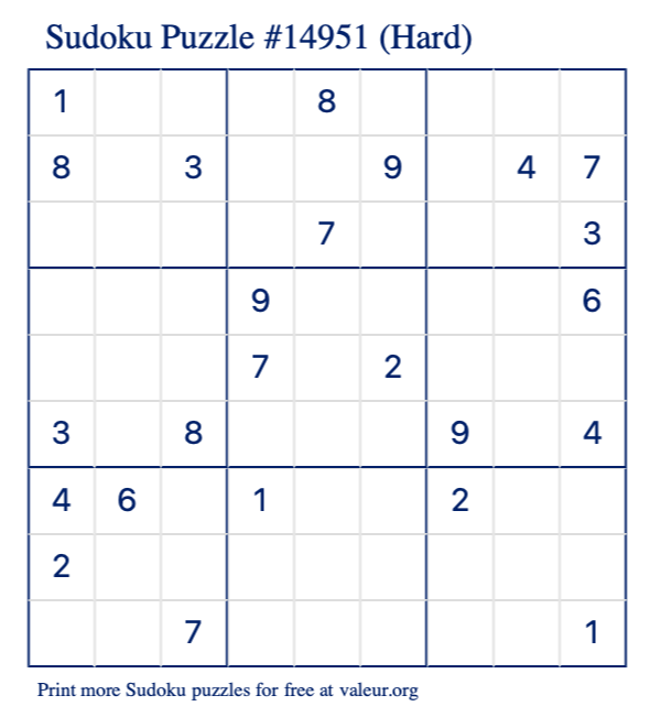 Free Printable Hard Sudoku Puzzle number 14951