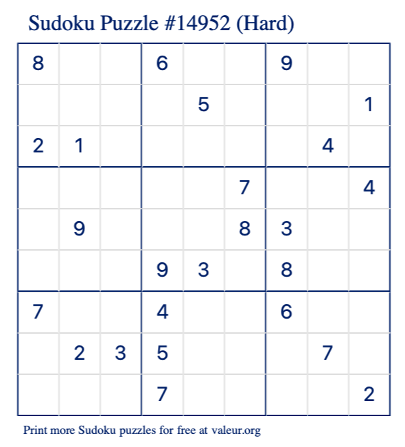 Free Printable Hard Sudoku Puzzle number 14952