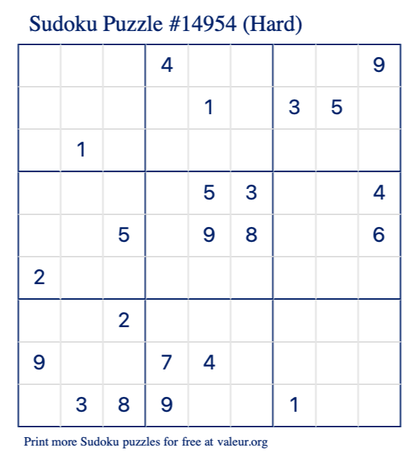 Free Printable Hard Sudoku Puzzle number 14954