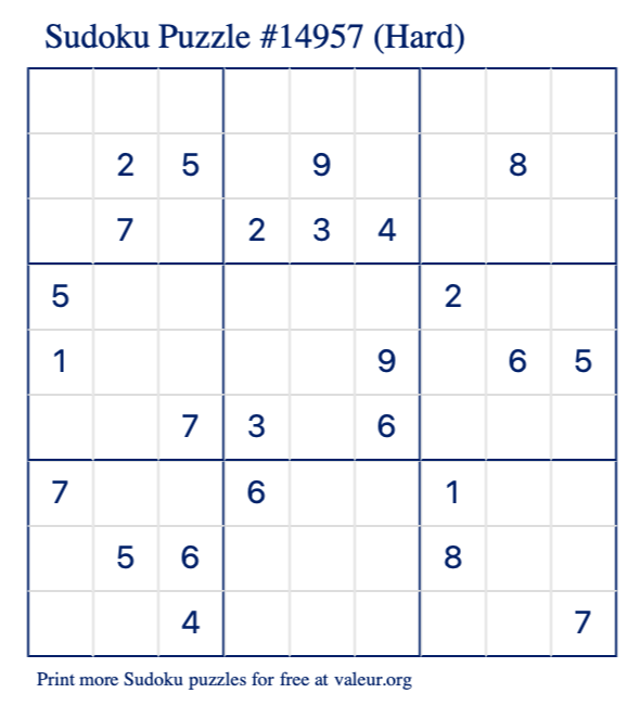 Free Printable Hard Sudoku Puzzle number 14957