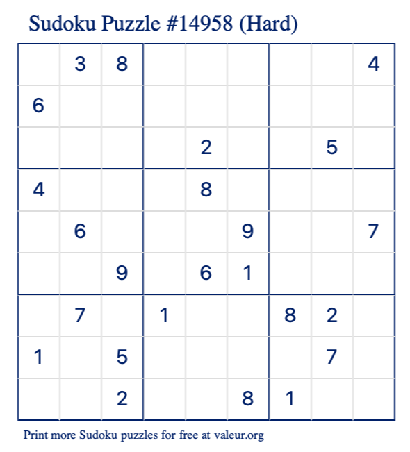 Free Printable Hard Sudoku Puzzle number 14958