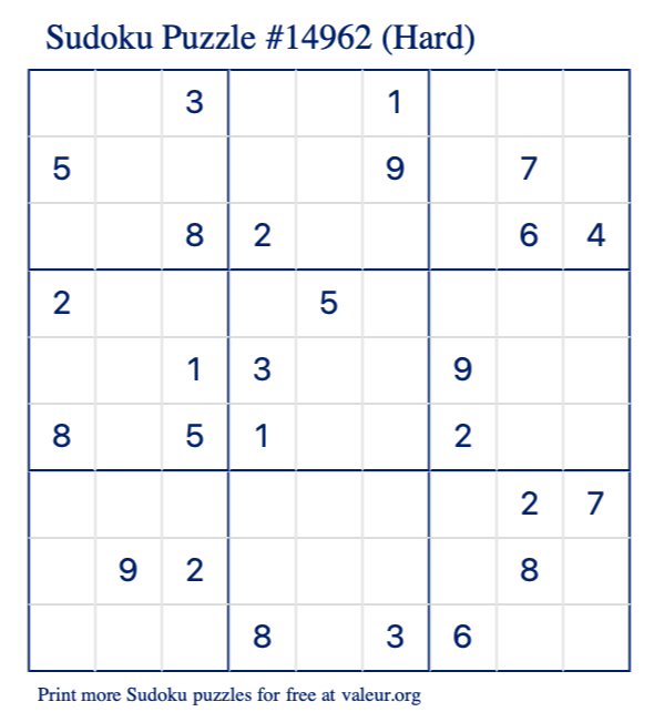 Free Printable Hard Sudoku Puzzle number 14962