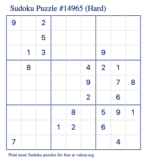 Free Printable Hard Sudoku Puzzle number 14965