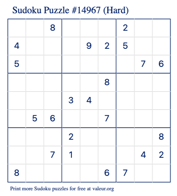 Free Printable Hard Sudoku Puzzle number 14967