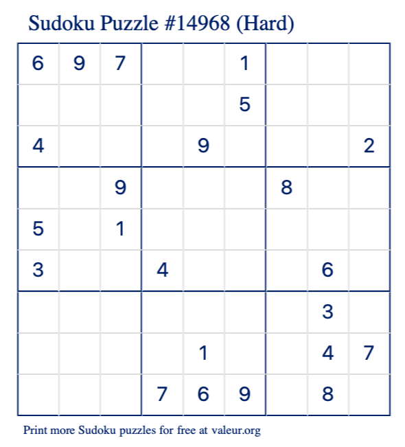 Free Printable Hard Sudoku Puzzle number 14968