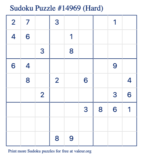 Free Printable Hard Sudoku Puzzle number 14969
