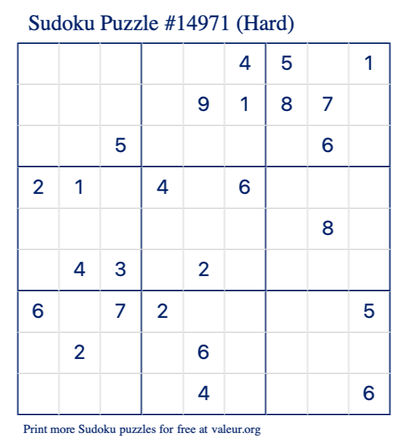 Free Printable Hard Sudoku Puzzle number 14971