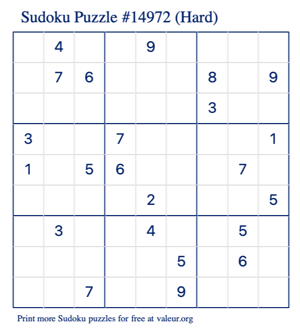 Free Printable Hard Sudoku Puzzle number 14972
