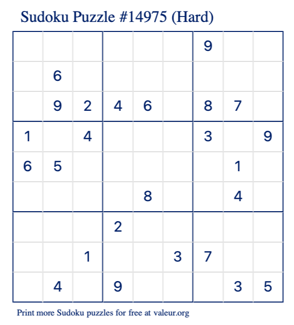 Free Printable Hard Sudoku Puzzle number 14975