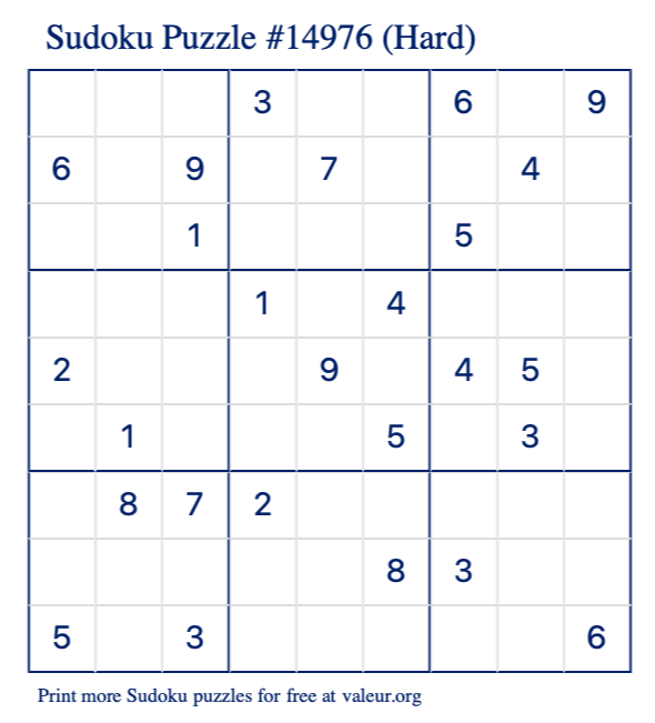 Free Printable Hard Sudoku Puzzle number 14976