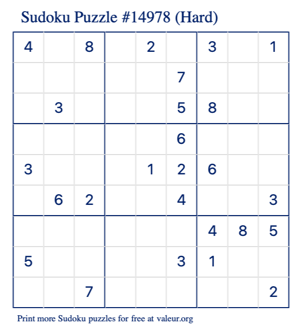 Free Printable Hard Sudoku Puzzle number 14978