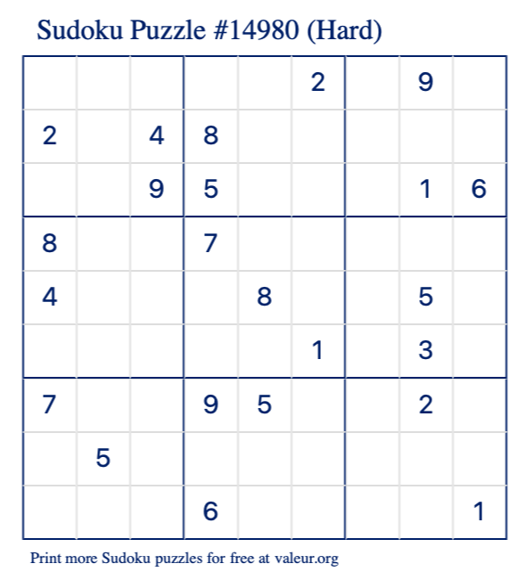 Free Printable Hard Sudoku Puzzle number 14980