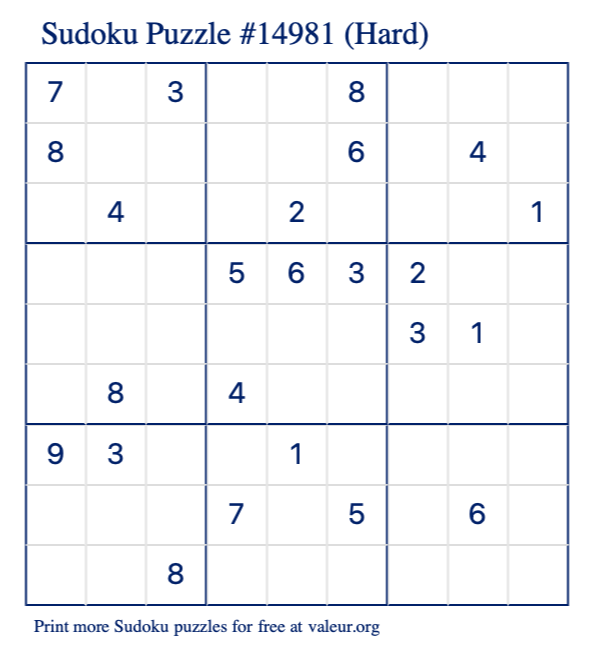 Free Printable Hard Sudoku Puzzle number 14981