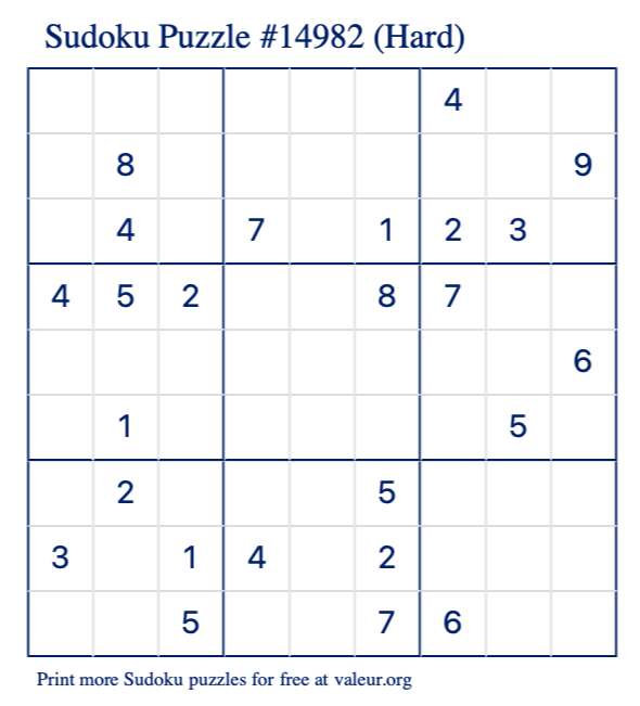 Free Printable Hard Sudoku Puzzle number 14982