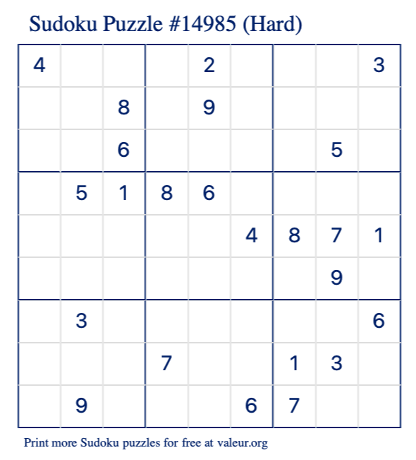 Free Printable Hard Sudoku Puzzle number 14985