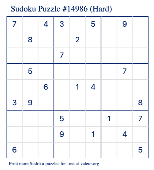 Free Printable Hard Sudoku Puzzle number 14986