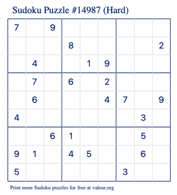 Free Printable Hard Sudoku Puzzle number 14987