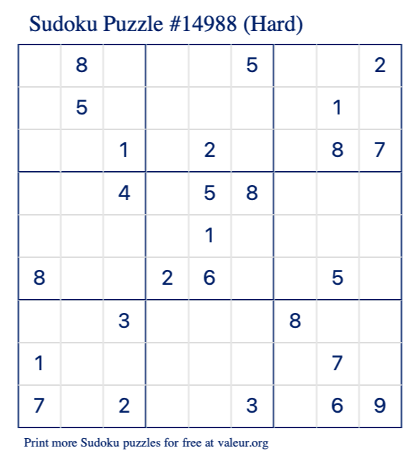Free Printable Hard Sudoku Puzzle number 14988