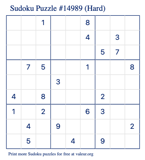 Free Printable Hard Sudoku Puzzle number 14989