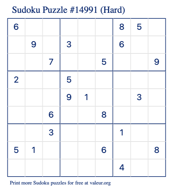Free Printable Hard Sudoku Puzzle number 14991