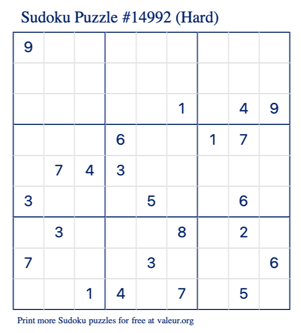 Free Printable Hard Sudoku Puzzle number 14992