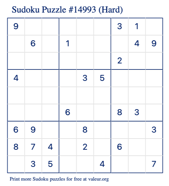 Free Printable Hard Sudoku Puzzle number 14993