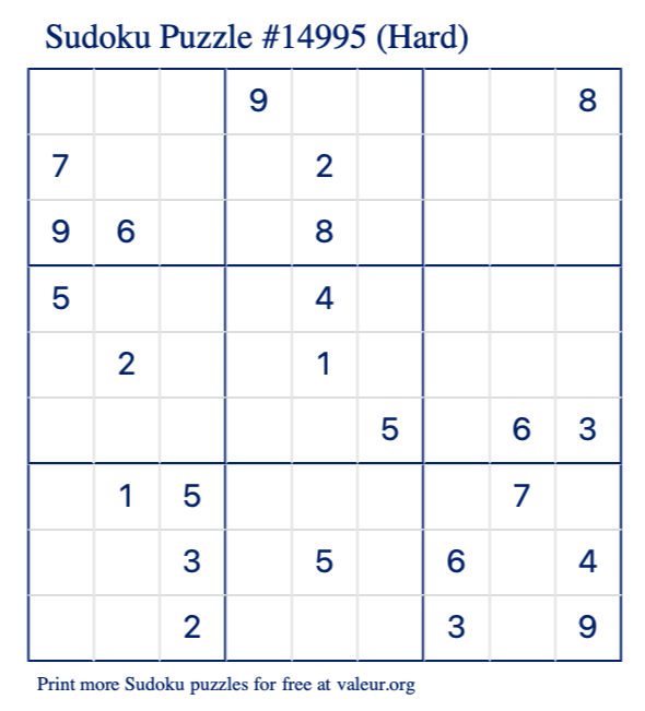 Free Printable Hard Sudoku Puzzle number 14995