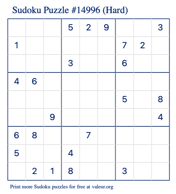 Free Printable Hard Sudoku Puzzle number 14996