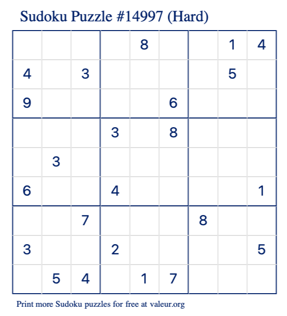 Free Printable Hard Sudoku Puzzle number 14997