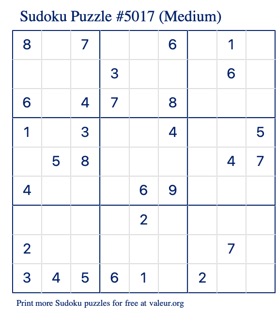 Free Printable Medium Sudoku Puzzle number 5017