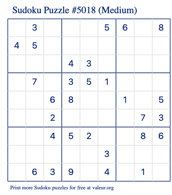 Free Printable Medium Sudoku Puzzle number 5018