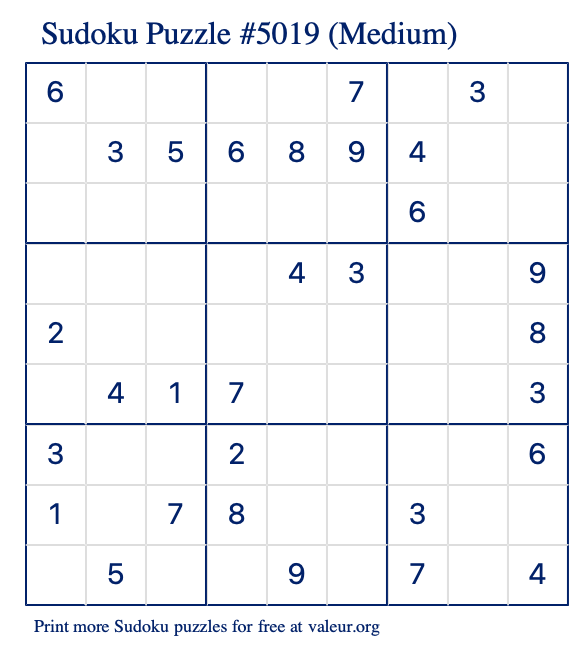 Free Printable Medium Sudoku Puzzle number 5019