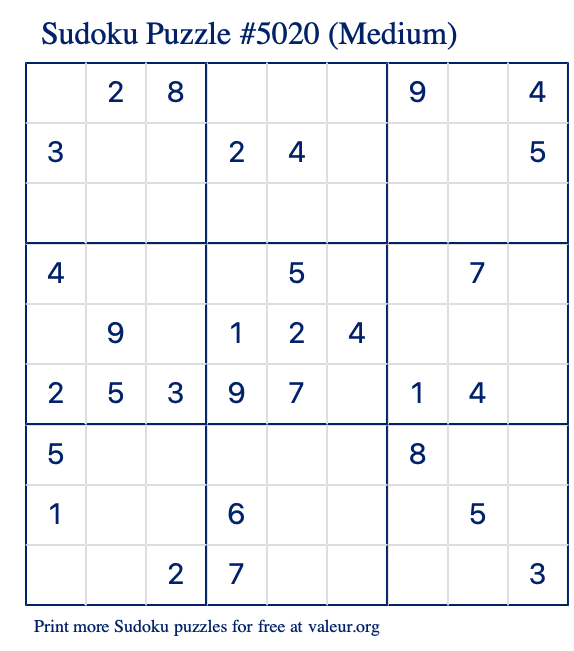 Free Printable Medium Sudoku Puzzle number 5020