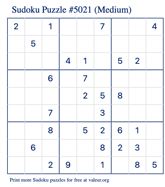 Free Printable Medium Sudoku Puzzle number 5021