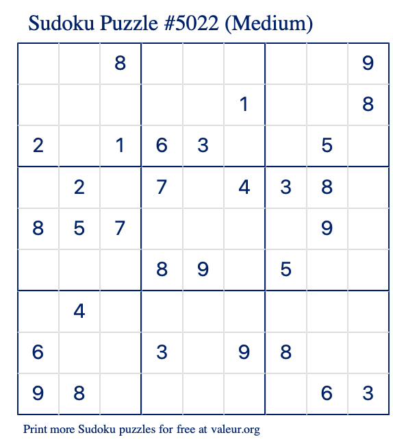 Free Printable Medium Sudoku Puzzle number 5022