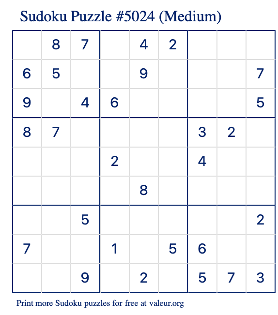 Free Printable Medium Sudoku Puzzle number 5024