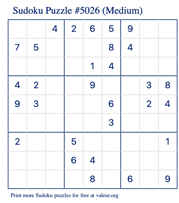 Free Printable Medium Sudoku Puzzle number 5026