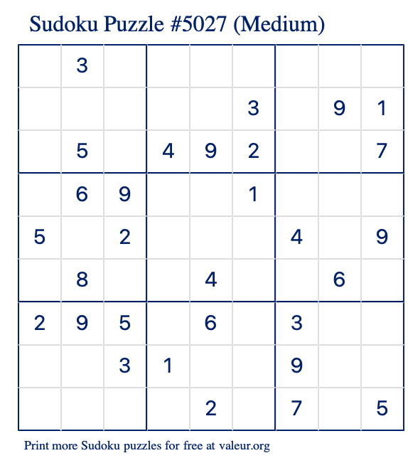 Free Printable Medium Sudoku Puzzle number 5027