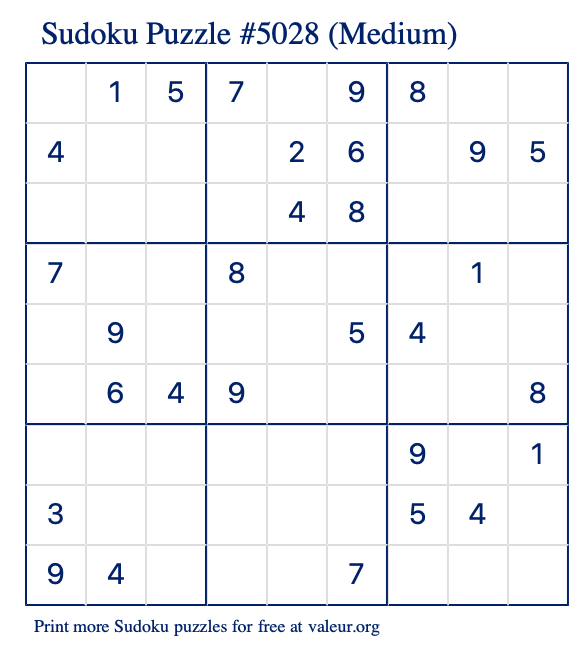 Free Printable Medium Sudoku Puzzle number 5028
