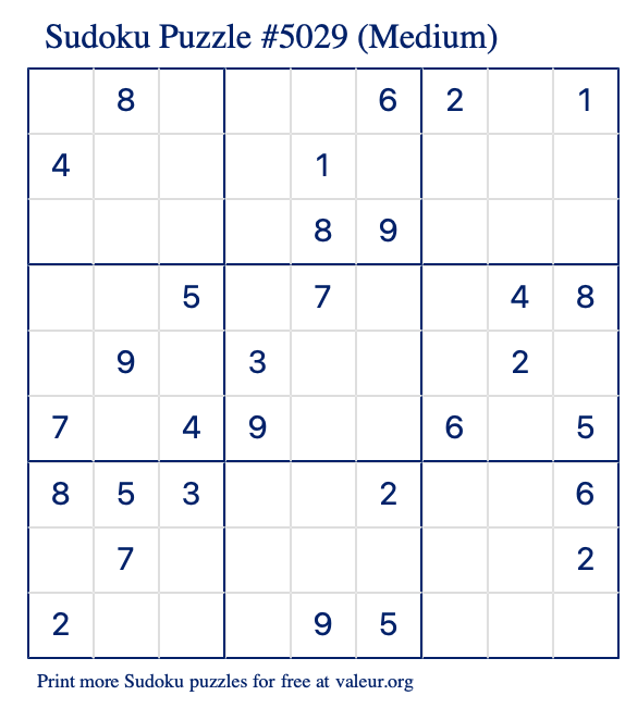 Free Printable Medium Sudoku Puzzle number 5029
